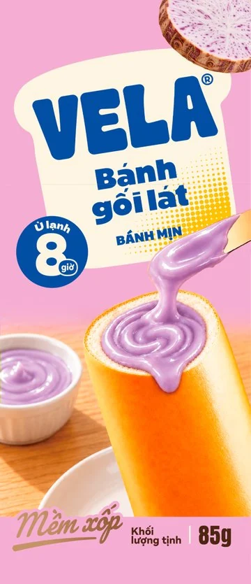 Mặt trước bao bì Bánh gối lát VELA vị khoai môn, bao bì màu hồng
